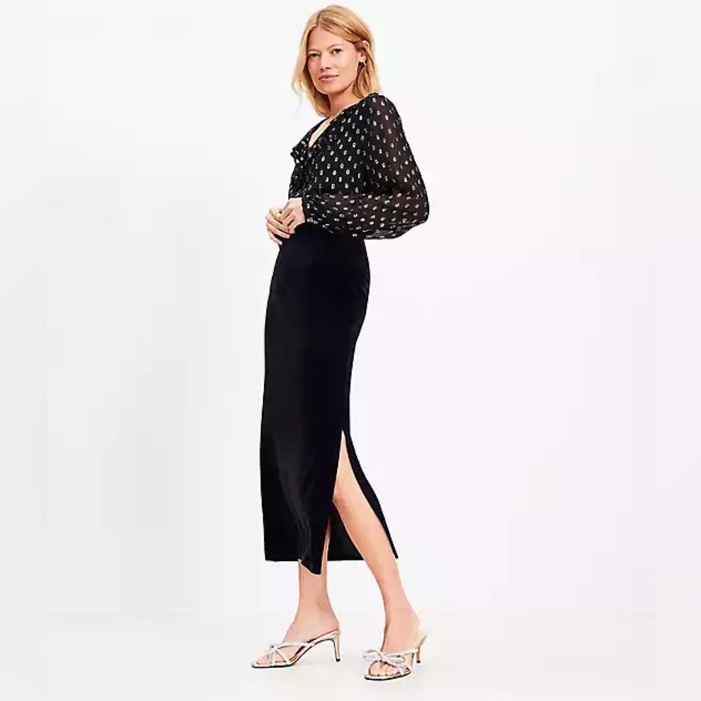 NWT Petite LOFT velvet black midi column skirt with slit, XXSP